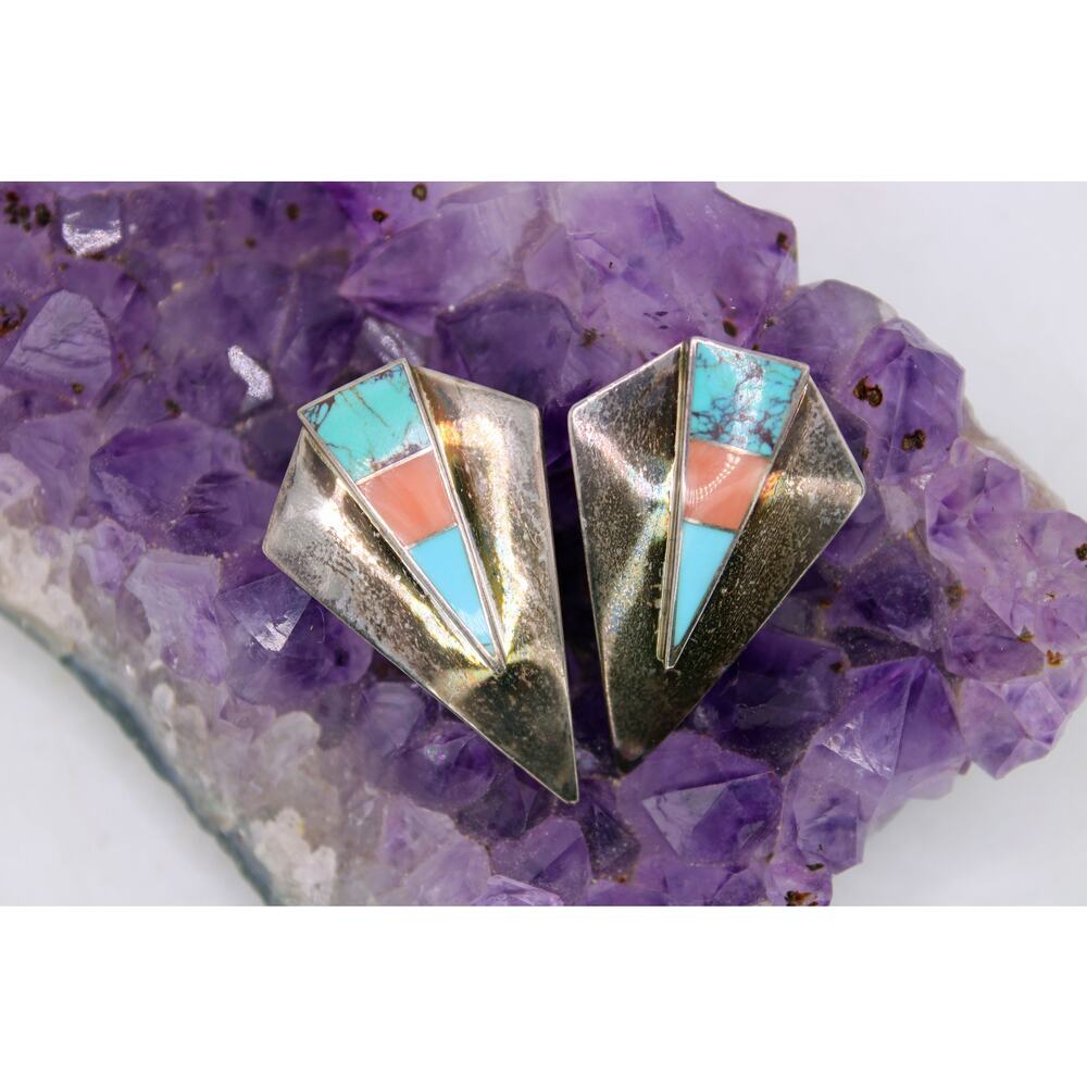Ray Tracey Knifewing Navajo Sterling Silver Inlay Earrings - Picture 4 of 9